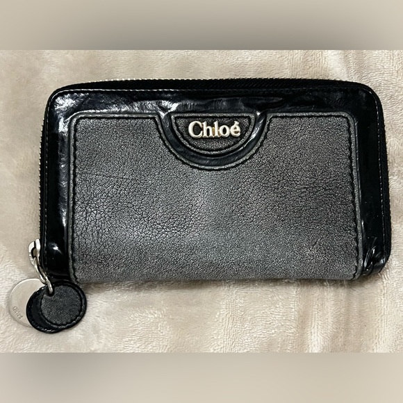 CHLOÉ Full Zip Black Wallet Paten and Leather Charcoal and Black - Picture 1 of 11